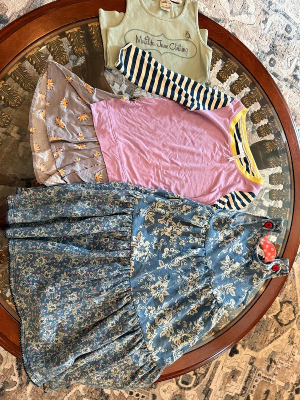 Matilda Jane blouse, Blue Floral Dress & Light Green Logo Tank